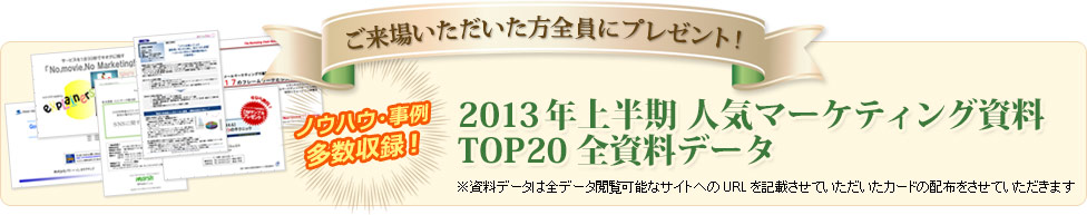 ご来場いただいた方全員に2013年上半期人気マーケティング資料TOP20全資料データをプレゼント！