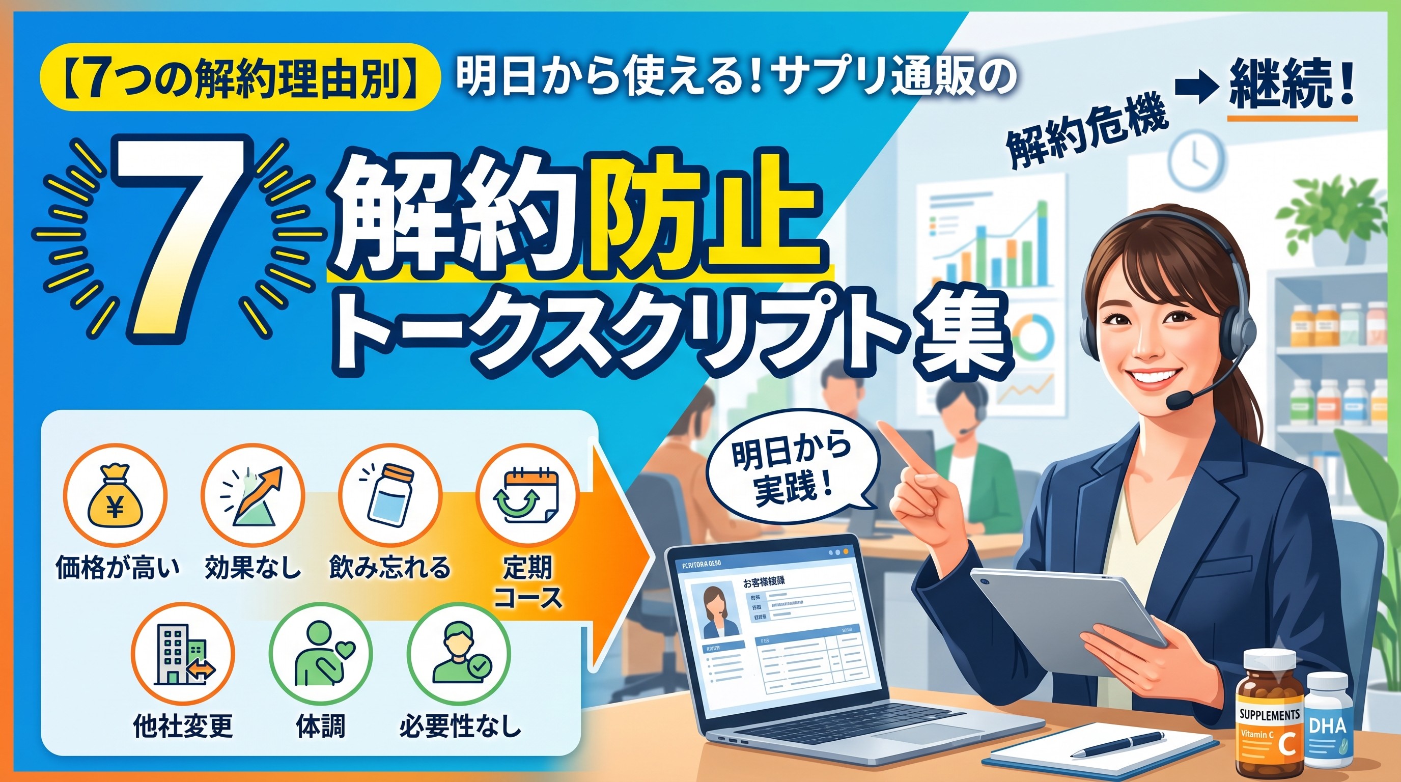 【7つの解約理由別】明日から使える！サプリ通販の解約防止トークスクリプト集