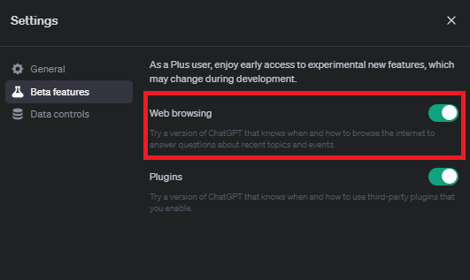 ChatGPTのウェブ検索機能 (4)Web browsingの有効化